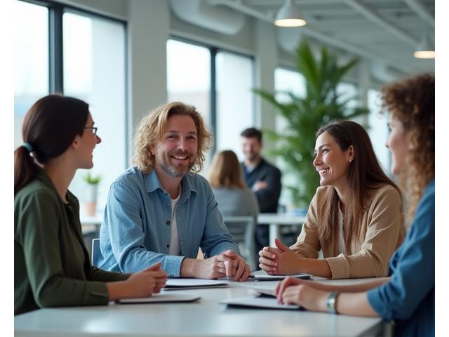 Diverse group of new employees being welcomed and integrated into a modern, bright office environment, showing collaboration and mentorship.